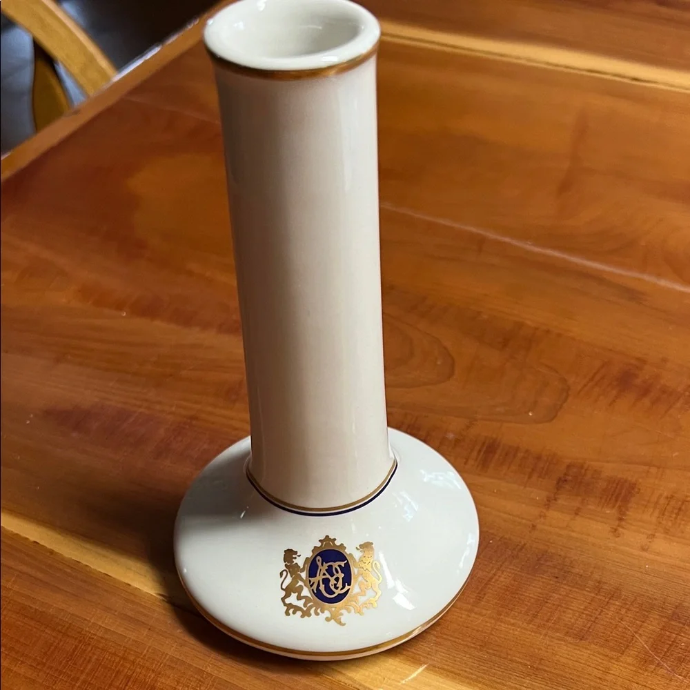 Fraternity Athena Alpha Theta Hall Flower Bud  Vase Cream Gold Blue Logo USA AOE - Picture 4 of 7
